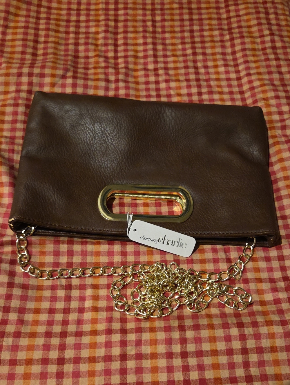 Charming Charlie Brown Clutch with Gold Chain Accent
